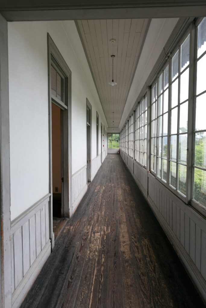 A clean, empty hospital corridor