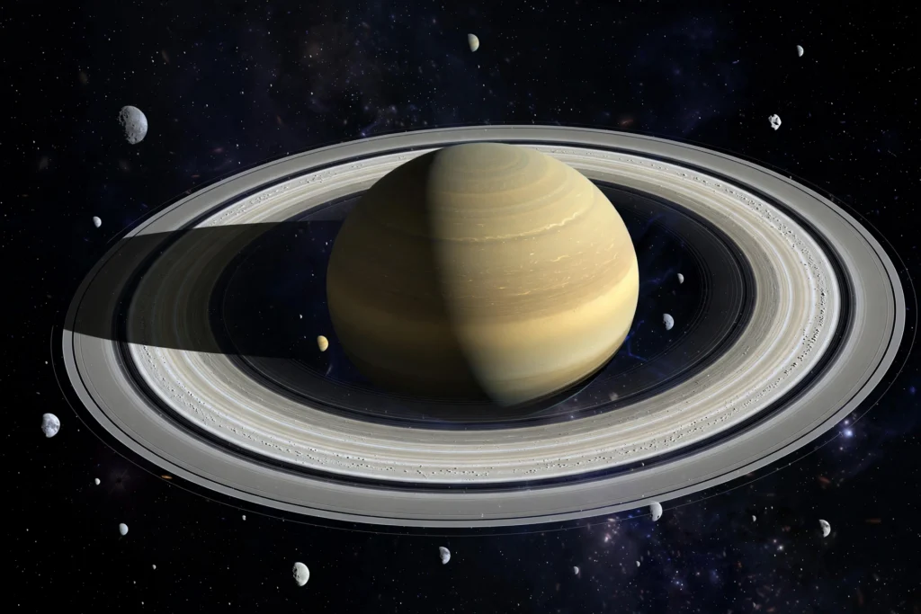 Saturn and its rings surrounded by many small moons in deep space