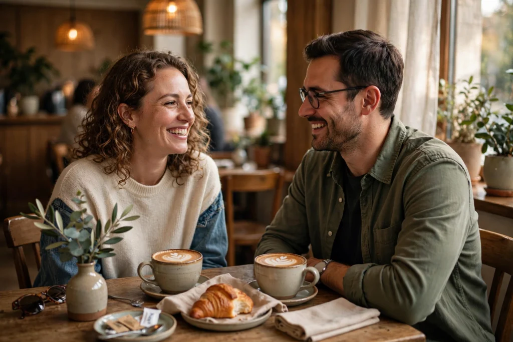 A couple enjoying coffee together on a first date in a cosy cafe