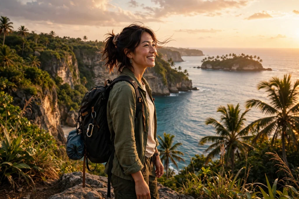 A solo traveller overlooking a beautiful coastline at golden hour
